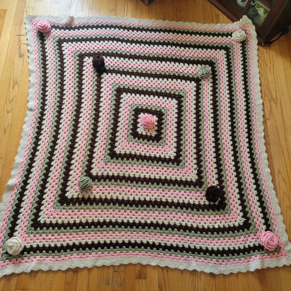 Handmade Crocheted Granny Square Blanket With Floral Rosette Accents Pink Brown